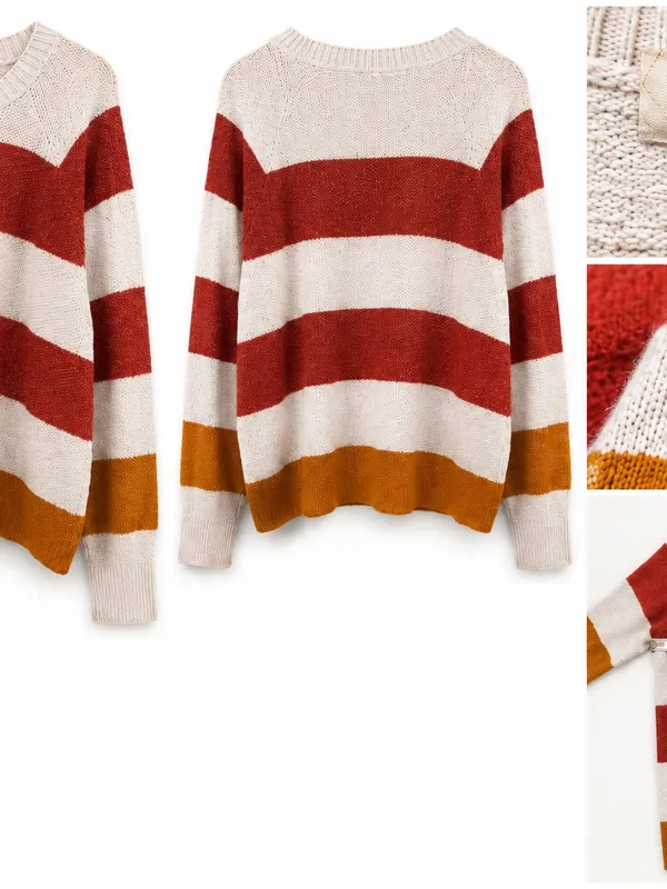 Pinque XL Colorblock Striped Knit Sweater Oversized Cream Rust Mustard - Image 2