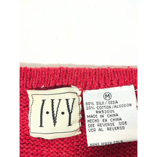 IVY Vintage Beaded Knit Sweater Vest Womens M Red Floral Whipstitch V-Neck Artsy - Image 9