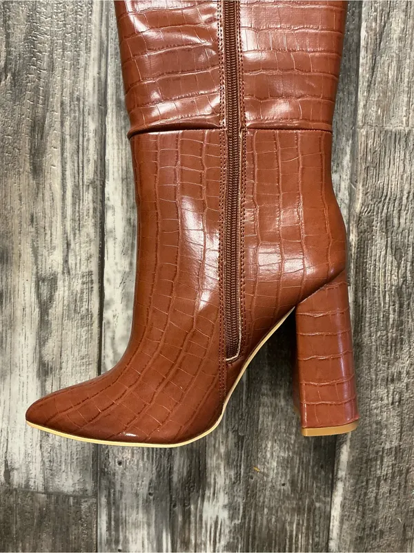 Nasty Gal Croc-Embossed Knee Boots - Chestnut Brown Size 6 - Image 9