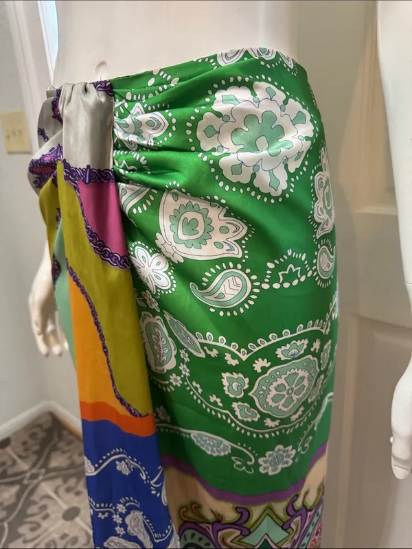 8 Birdies Colorful Paisley Print Knot Twist Midi Skirt Sarong Style Boho S S. A1 - Image 3