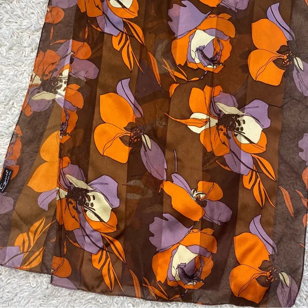 Retro Cejon Brown & Orange Floral Rectangle Neck Scarf - Image 7