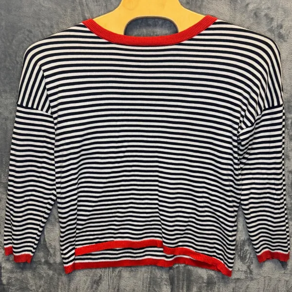 2282 | Narural Nautical Striped Cotton Knit Sweater Navy White Red Women L - Image 2