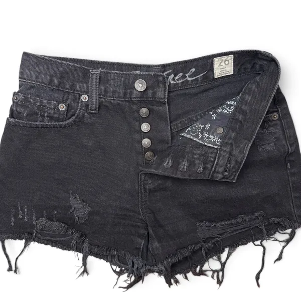 Free People Jean Shorts Womens 26 Black Button Fly Cut Off Raw Hem Denim - Image 2
