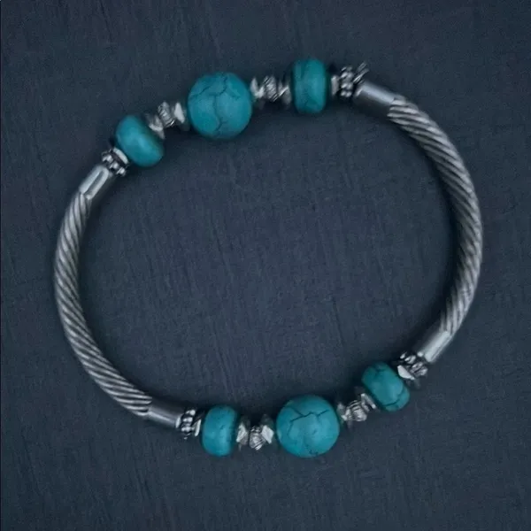 Set of 2 Silver & Turquoise Beaded Bracelets Boho Western Southwestern Jewelry - Image 3
