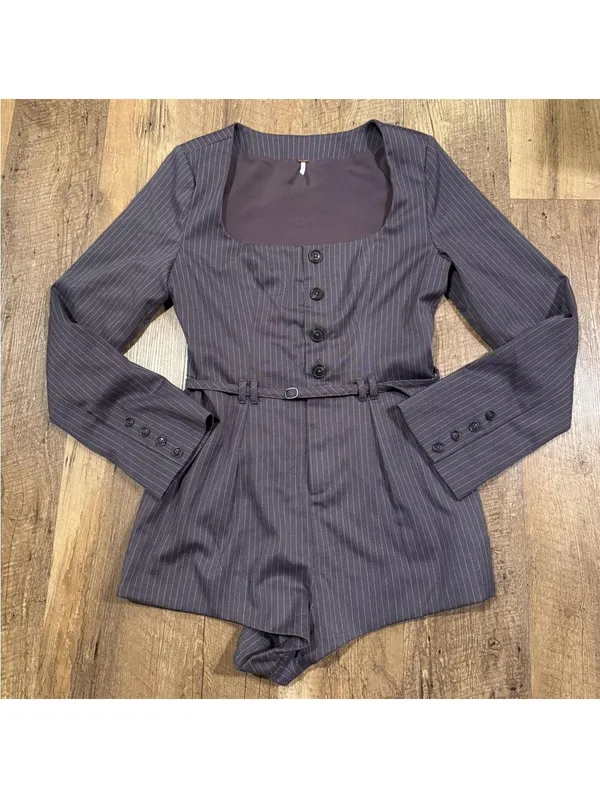 Free People Grey Paloma Long Sleeve Romper Grey Striped XS - Image 3