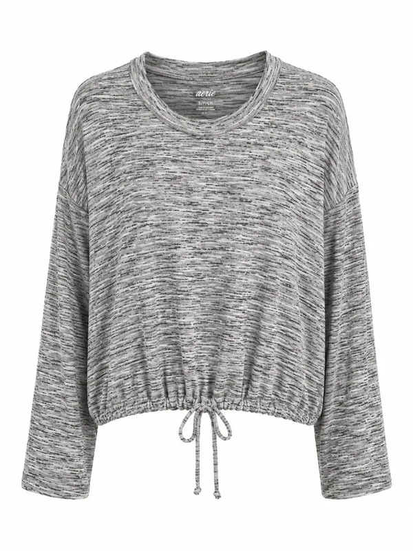 Aerie Gray Marled Drawstring Hem Pullover Top M - Image 2