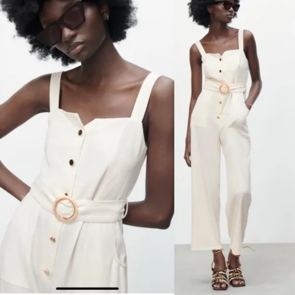 Zara white‎ belted jumpsuit size medium minimalist vacation summer - Image 2