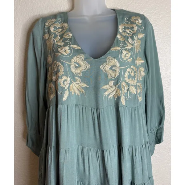 Magnolia Boutique Small Dress‎ Sage Green Embroidered Tiered Babydoll Boho Chic - Image 2