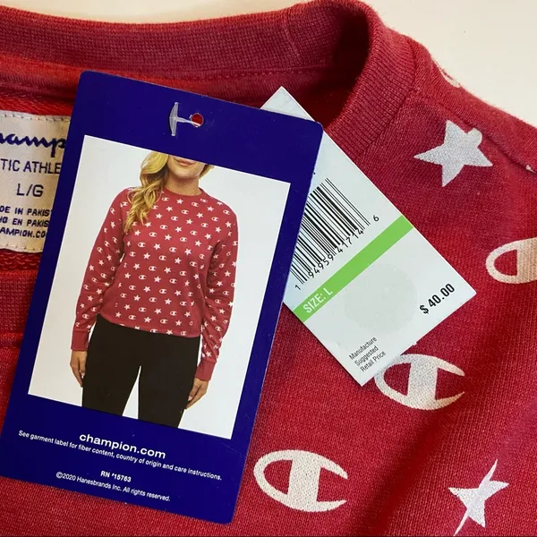 Champion Logo and Stars Pattern Printed Cropped Sweatshirt - Image 5