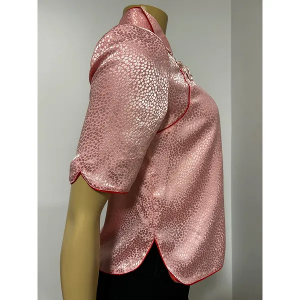 VTG ASIAN Pink Satin Jacquard Frog Button Blouse Red Piping Mandarin Collar Top - Image 7