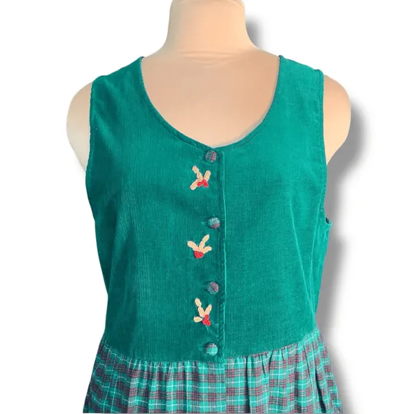 Vintage‎ 80s Susan Bristol Forrest Green Plaid Corduroy Jumper Dress Embroidery - Image 9