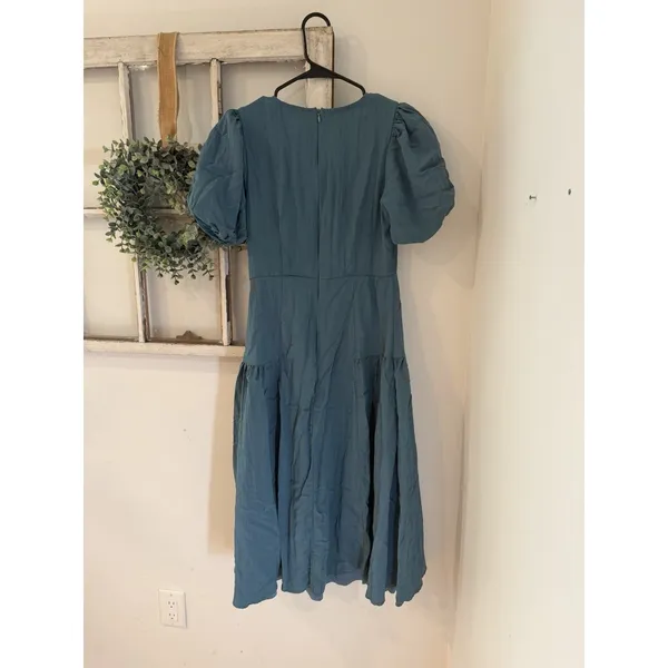 böhme Blue Solid V-Neck Wrap Midi Dress Puff Sleeve Tie Waist Lined Size XS - Image 6