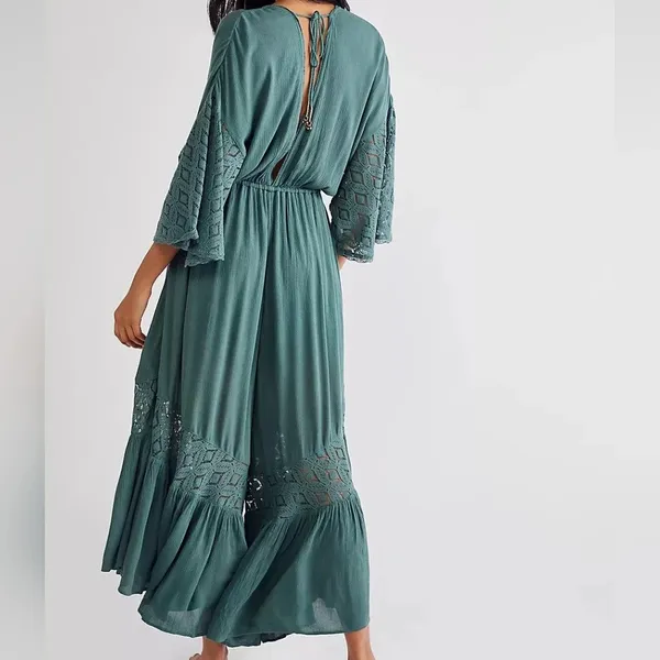 Free People Angela Jumpsuit Dried Pine Crochet Jumper Large Flowy Bohemian - Image 14