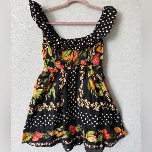 Farm Rio Tropical Floral Polka Dot Mini Dress S | Ruffle Strap Summer Vacation - Image 4