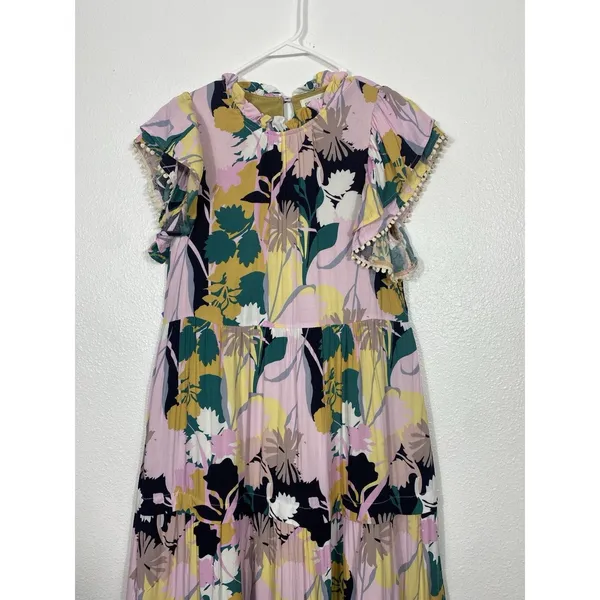 pantsstore Floral Ruffle Maxi Dress Pom Pom Accents Pink Yellow Green Size S - Image 3