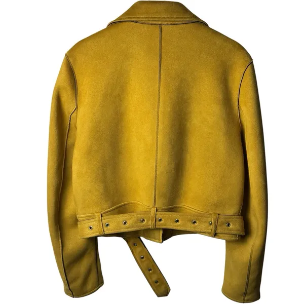 Zara Faux Suede Mustard Yellow Moto Jacket Belted Biker Zip Fall Grunge M - Image 5