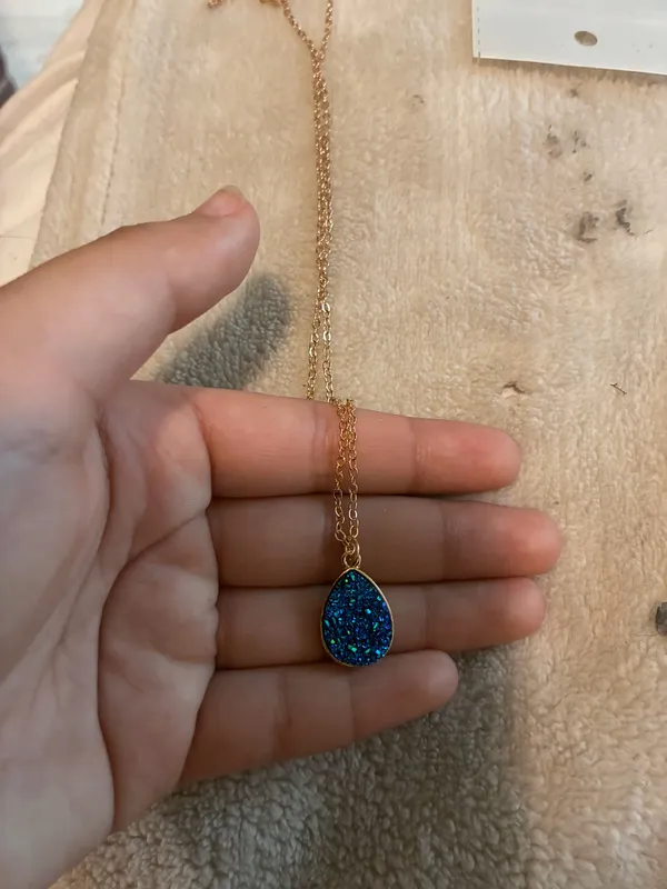 Blue Teardrop Druzy Pendant Gold Chain Necklace - Image 2