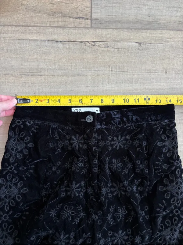 Zara Alina Black Velvet Embroidered Eyelet Wide Leg Contemporary Pant Trousers M - Image 8