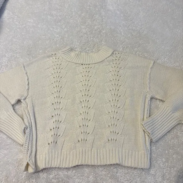 Free People Womens Cropped Bell Song Knit in Bone Sweater Boho Indie Casual Sz L - Image 2