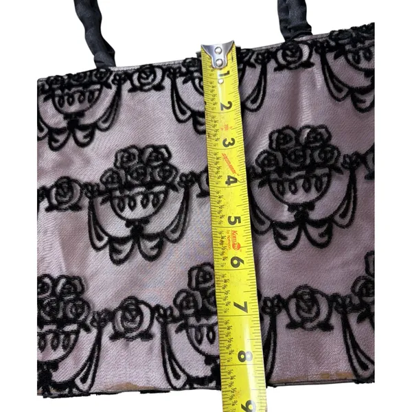 Victoria's Secret Pink Black Velvet Floral Flocked Evening Bag Satin Tote Handbag - Image 3