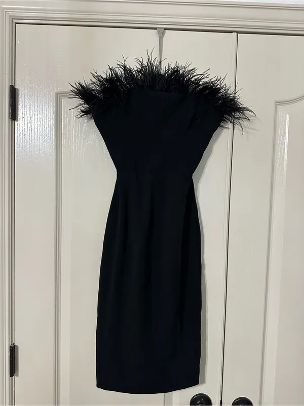 House of CB Black Strapless Feather-Trim Midi Dress - Image 3