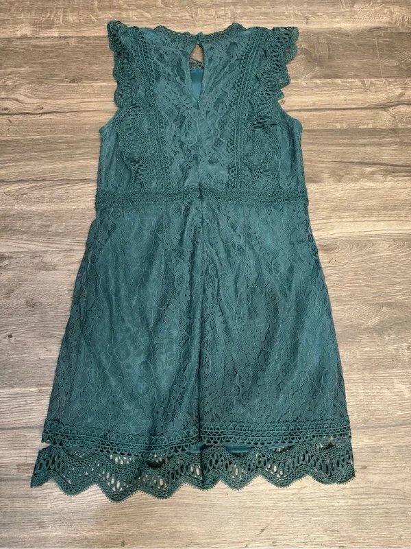 Lulus Teal Lace Fit & Flare Dress Size L Scalloped Hem - Image 5