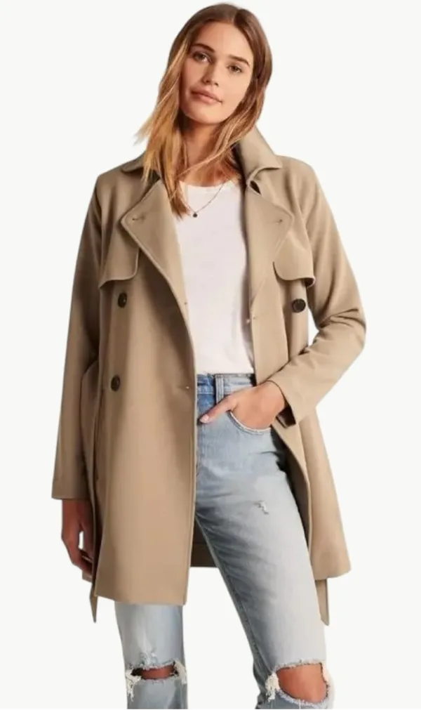 Abercrombie Drapey Double Breasted Belted Long Trench Coat | Sz Small | Tan - Image 2