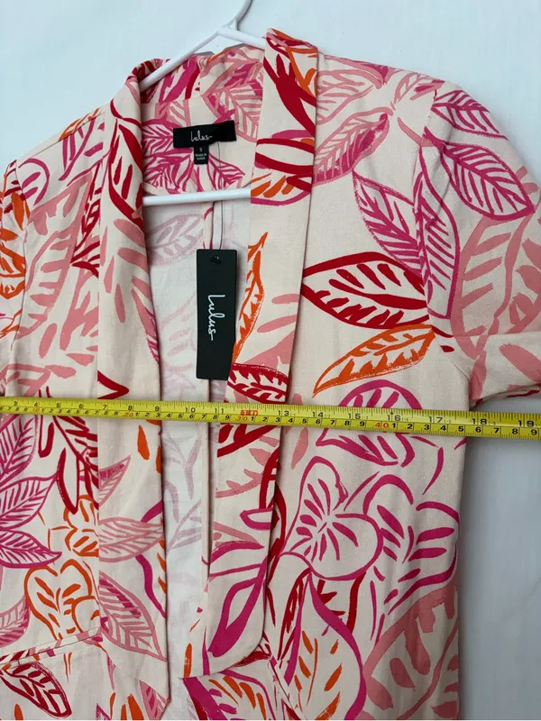 NWT Lulus Women Pink Orange Tropical Leaf Print Linen Blend Blazer Jacket S(A886 - Image 3
