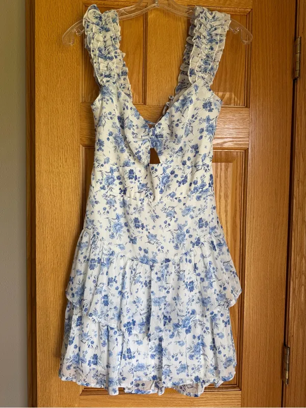 Altar'd State Mabel Blue Floral Tiered Ruffle Mini Dress Lace Up Back Size Large - Image 2