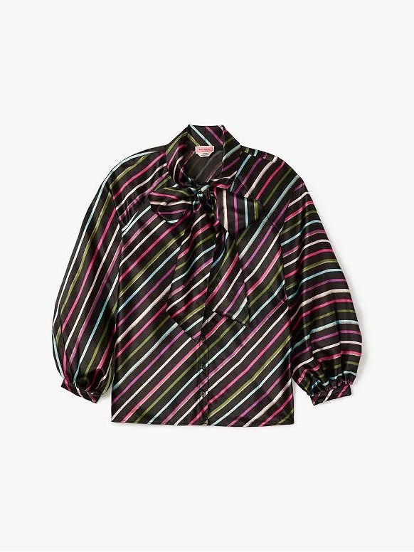 kate spade Black Satin Tie-Neck Blouse with Pink, Green, Blue and White Stripes - Image 3