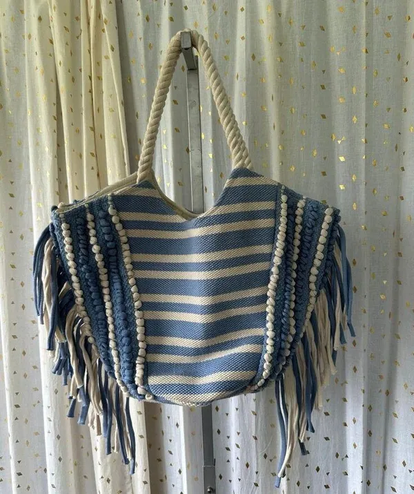 Boho Macrame Stripe Fringe Woven Southwestern Rope Handles Beach Open Tote Bag - Image 3