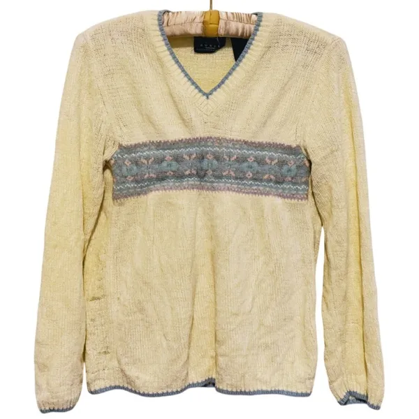 VTG 90s Crazy Horse Wool Rabbit Fairisle Sweater Womens M Cream Grandma Heritage - Image 2
