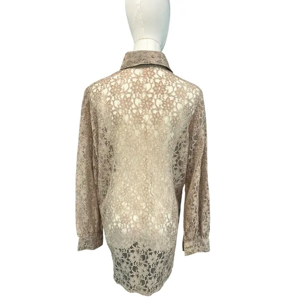 Floral Lace Blouse Button Down See Through Beige Long Sleeve Romantic Boho Chic - Image 7