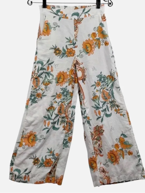 Rachel Zoe Linen Blend Wide Leg Pants Orange Floral Paisley Boho Resort Sm - Image 4