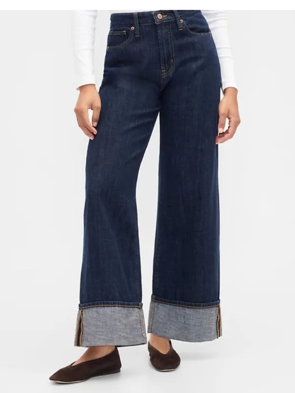 NWT GAP High Rise Stride Wide‎ Leg Jean Cuffed Baggy Black Grey Stretch 12/31R - Image 7