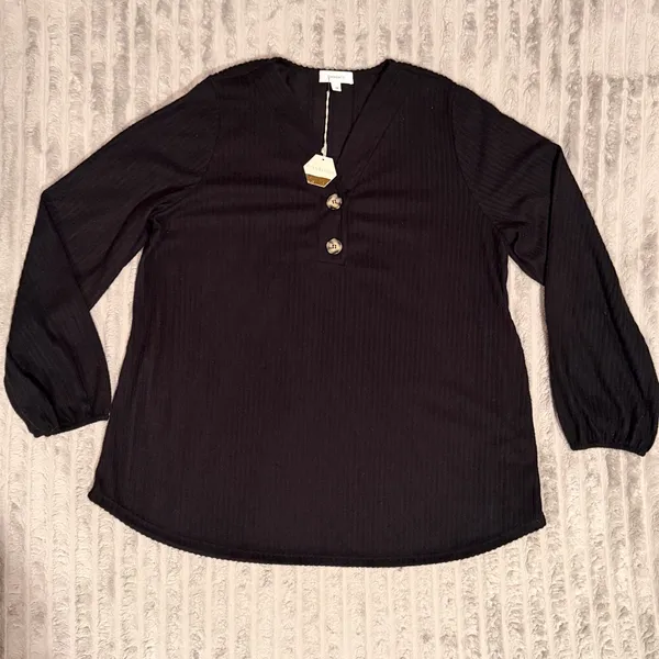 PinkBlush Hailey & Co Womens 1XL Black Ribbed Henley Maternity Top Long Sleeve - Image 2