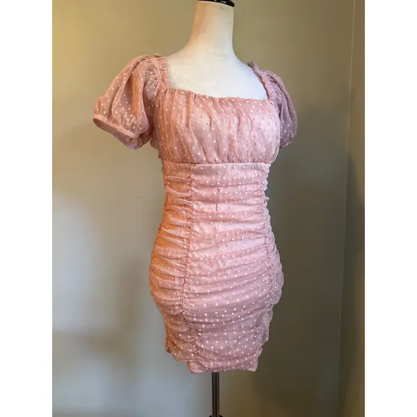Blashe Pink Dot Ruched Mesh Mini body Dress Puff Sleeve Bodycon y2k dainty Large - Image 5