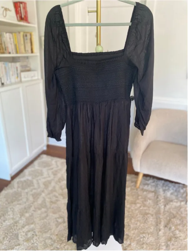 Black Smocked Square Neck Midi Dress Cottagecore Romantic Boho - Image 3
