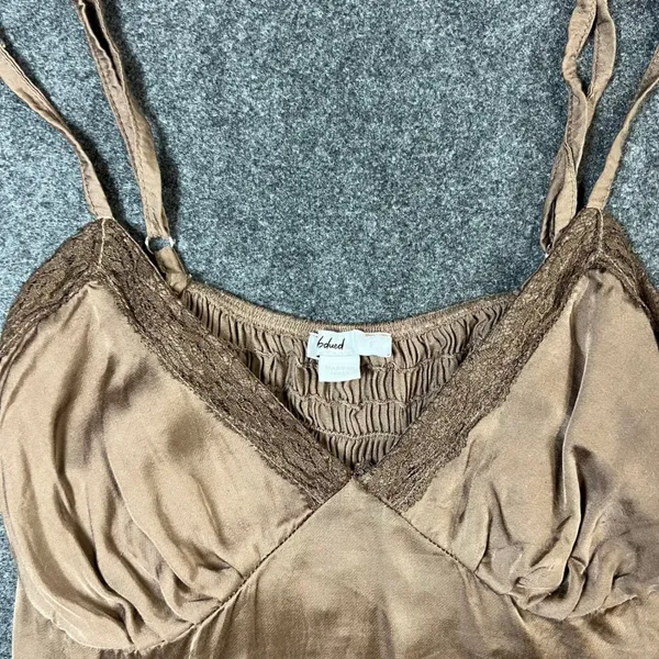 Subdued Brown Satin Lace Trim Handkerchief Hem Camisole Smocked Back Top‎ Small - Image 2