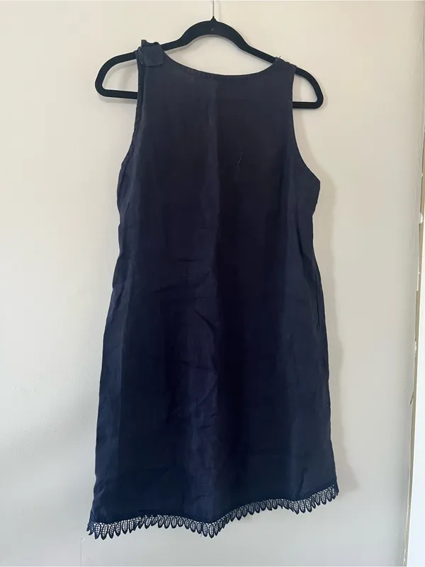 100% Linen Navy Blue Mini Shift Dress Small Lace Hem Euro Summer Coastal - Image 6