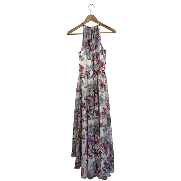 Floral High Low Halter Maxi Dress Rhinestone Waist Pink Purple Cream Sz 4 - Image 3