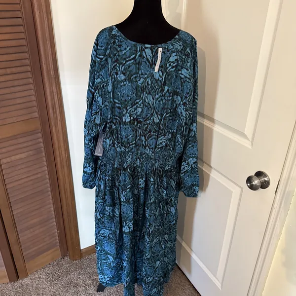 Lane Bryant Dress Womens 24‎ Blue Green Smocked shoulder Long Sleeve Midi dress - Image 6