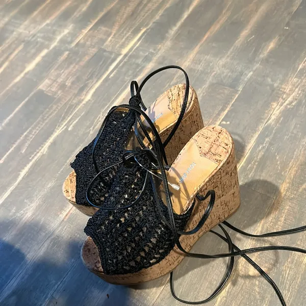 NWT‎ TONY BIANCO Beliba Black Crochet Cork Wedges Size 36 - Image 2