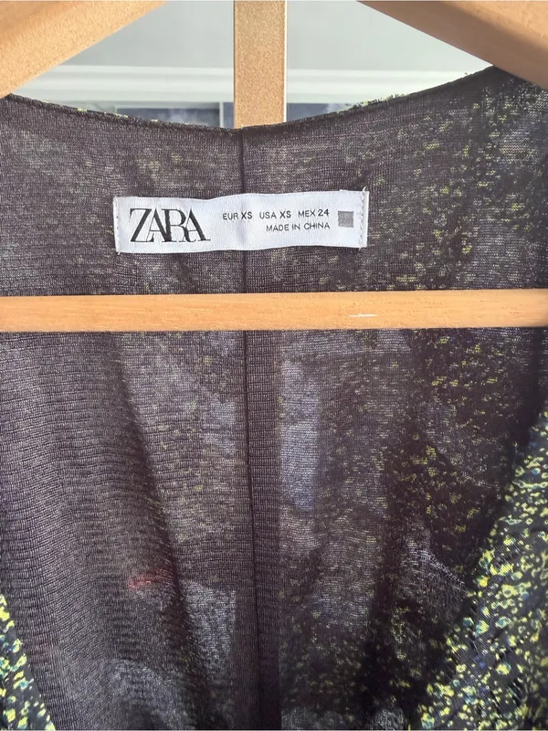 Zara Green Black Speckled Ruched V-Neck Mini‎ Dress Long Sleeve XS - Image 3