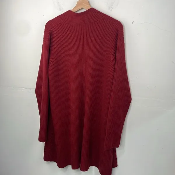 Eileen Fisher Open Front Ribbed Cardigan Sweater 100% Merino Wool Deep Red Med - Image 5