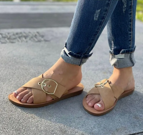 Nude/Natural Criss Cross Adjustable Buckle Sandal - Image 2