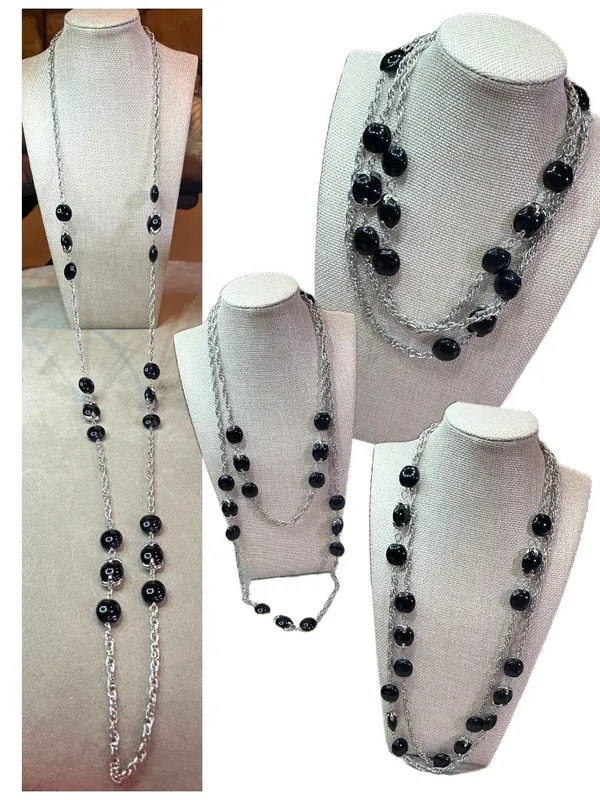 INC International Concepts Vintage Y2K Long Silver Tone Rope Chain Black Cabocho - Image 2