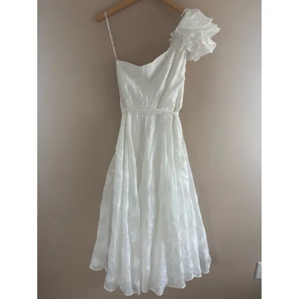 Lulus Sweet Definition White Burnout Ruffled One-Shoulder Midi Dress Size Large - Image 5