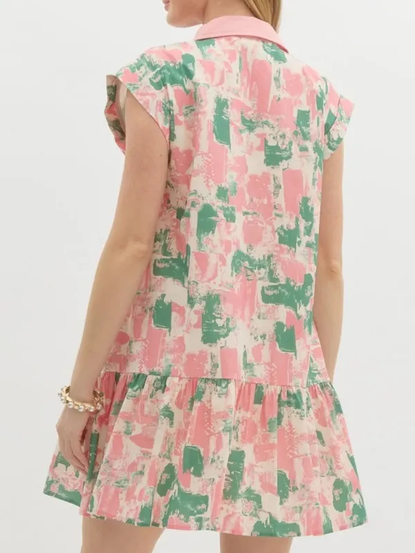 Entro Women’s Pink & Green Splatter Dream Dress Printed Button‑Front Dress - Image 2