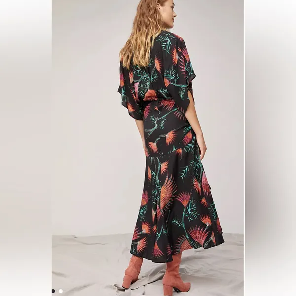 Farm Rio Anthropologie Valentina Black Maxi Orange Tropical Floral Print Sz S - Image 2